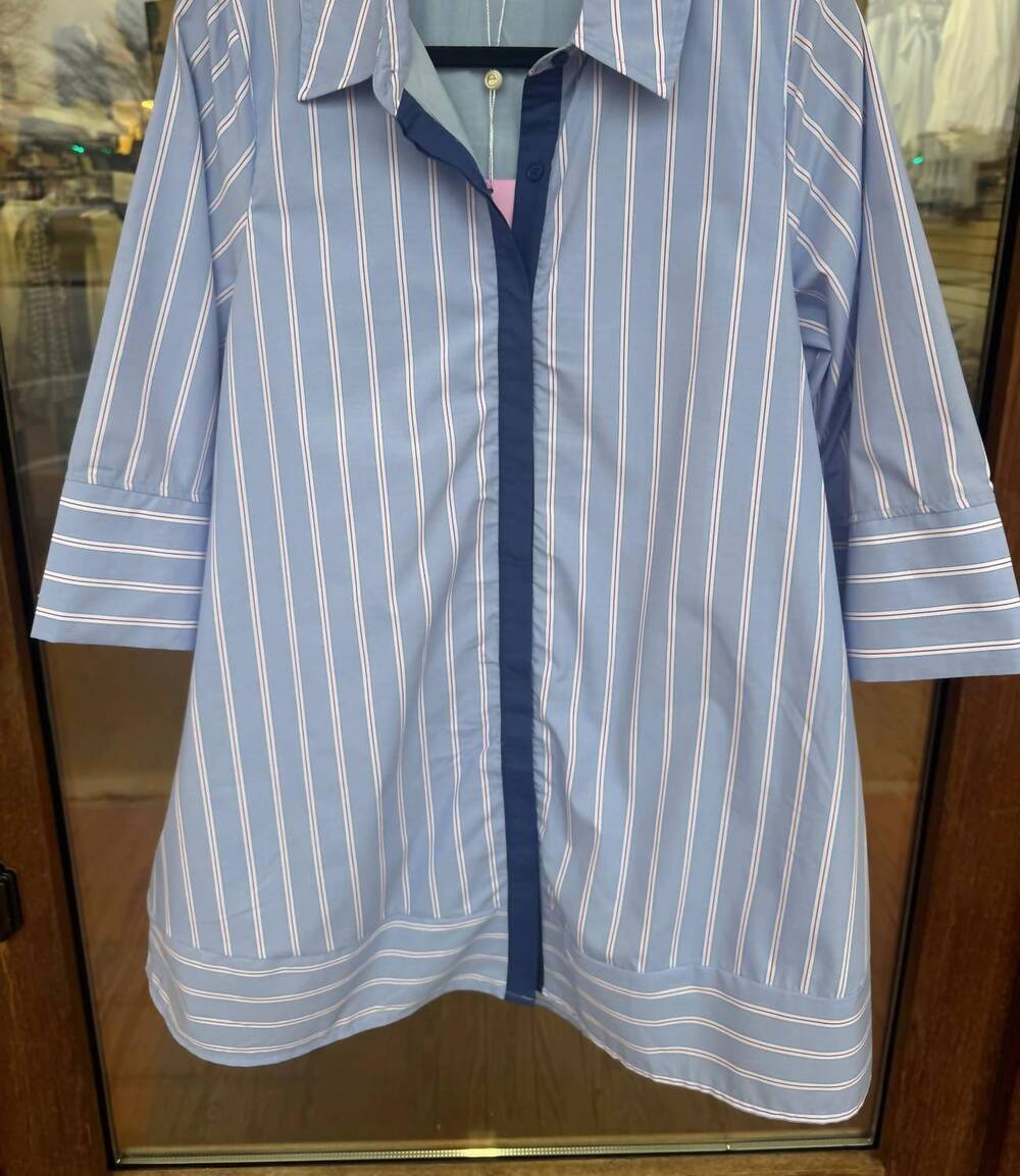 NEW ENTRO women's oxford stripe shirt mini dress in blue